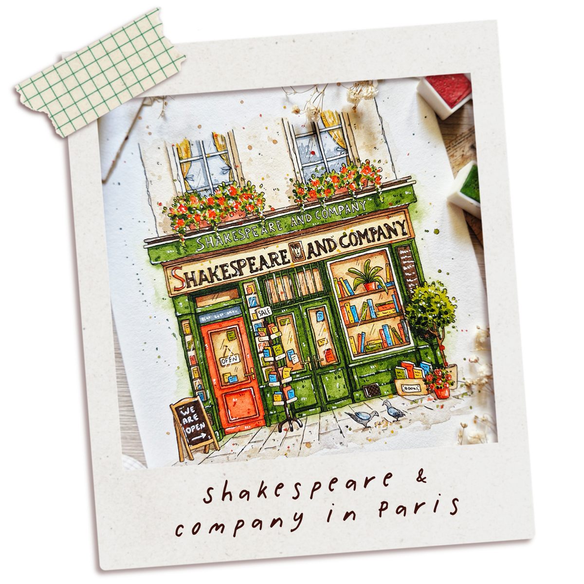 Illustration of Shakespeare & Company bookshop in Paris with decorative elements.