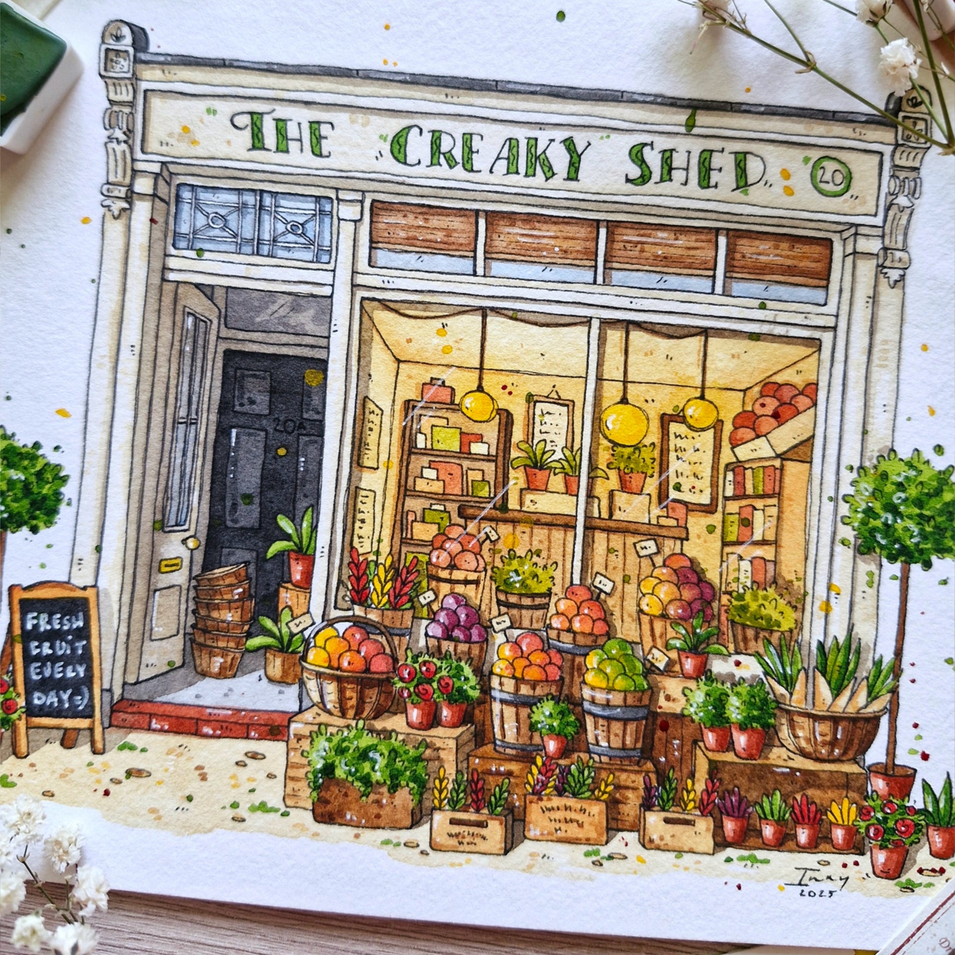 ink and watercolor painting of a store front named 'The Creaky Shed' with various fruits and plants displayed.