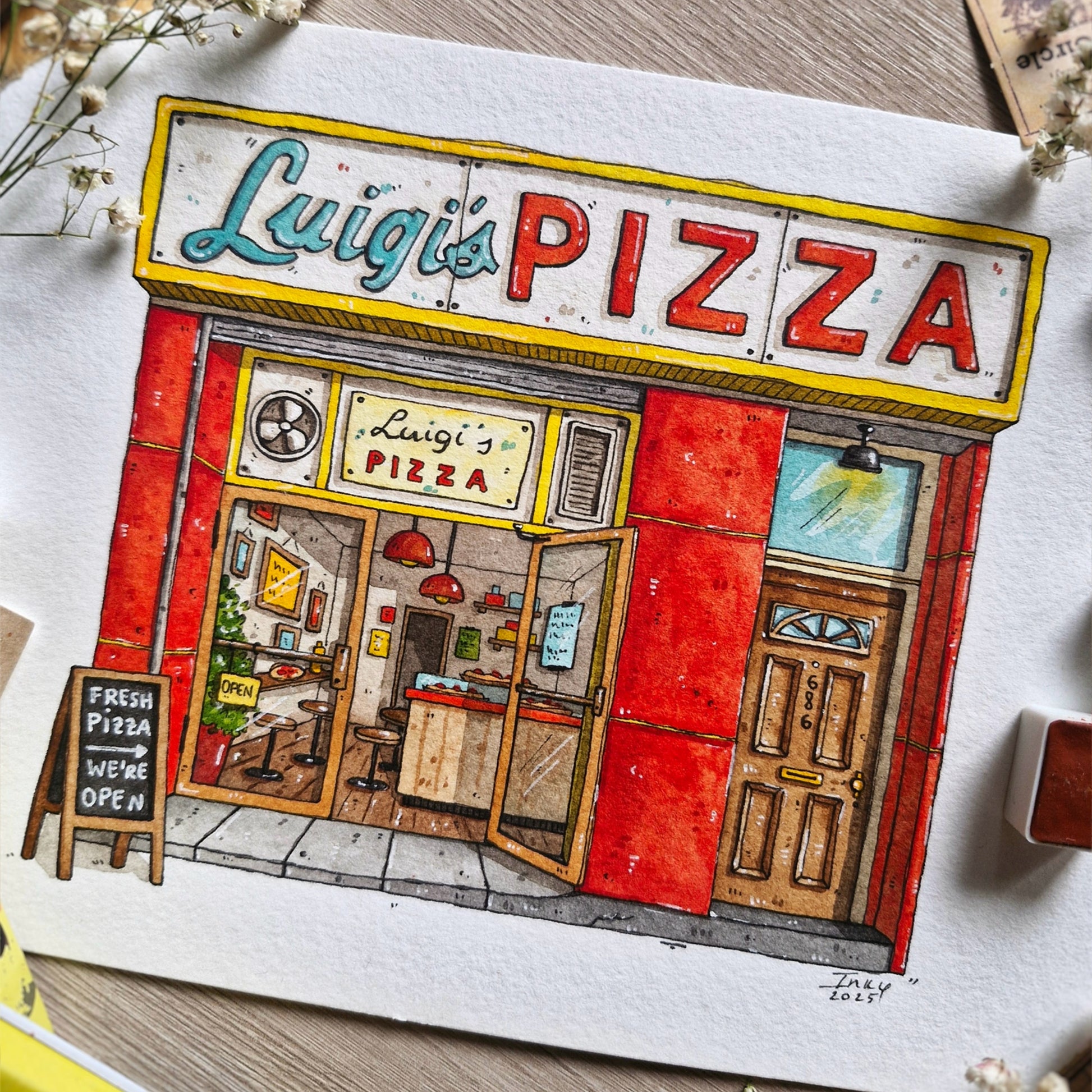 Illustration of Luigi's Pizza shop with colorful facade and interior.