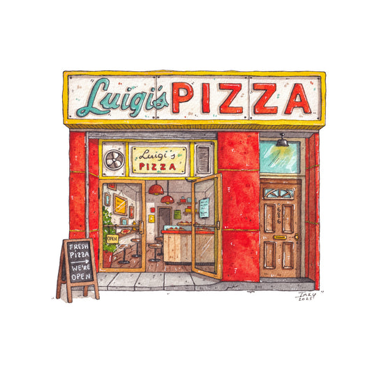 Illustration of Luigi's Pizza shop with a red facade and blue sign.