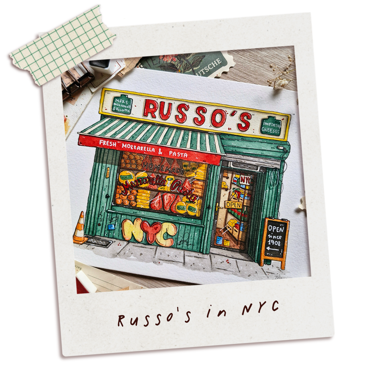 Illustration of Russo's Italian restaurant in New York City, pinned to a board with other notes.
