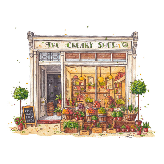 Illustration of a quaint store front named 'The Creaky Shed' with various products displayed outside.