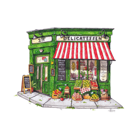 Illustration of a deli store with a green facade and red and white striped awning.