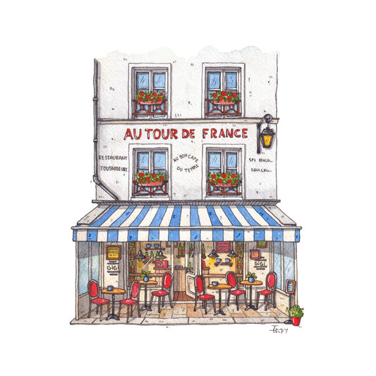 Illustration of a French cafe named 'gigi creperie' with striped awning and red chairs.