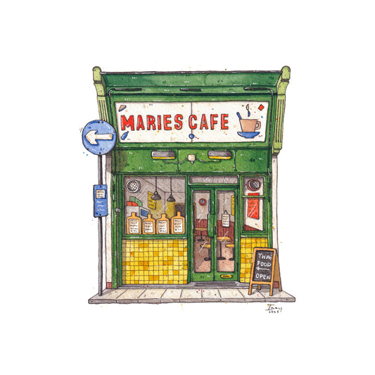 Illustration of a cafe named 'Marie's Cafe' with a green facade and yellow tiles.