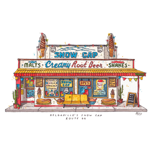 colorful building called snow cap in usa route 66