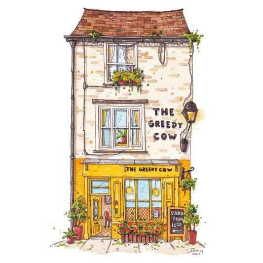 Illustration of a quaint building with 'The Greedy Cow' yellow facade and light brick top